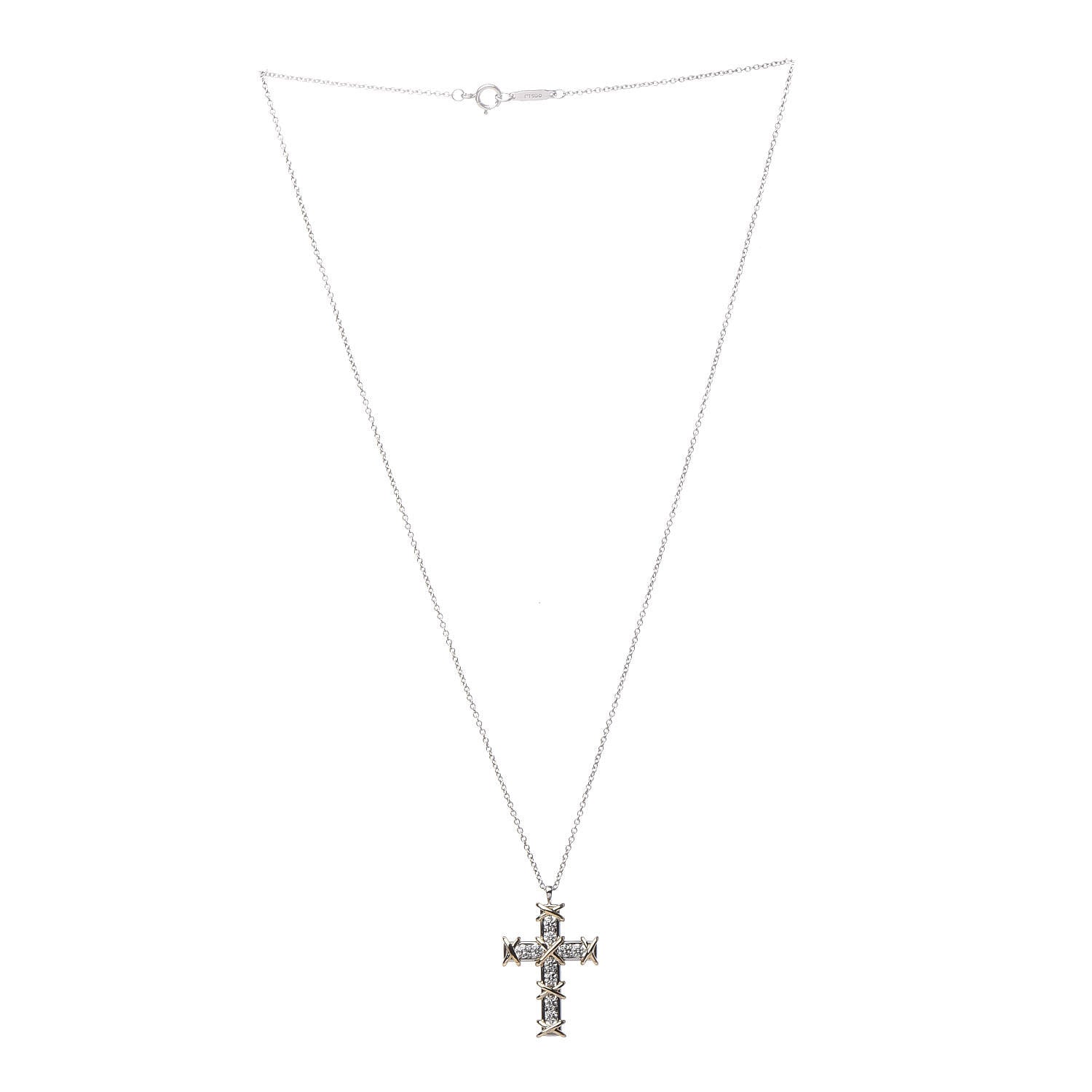 Tiffany Platinum 18K Yellow Gold Diamond Schlumberger Cross Pendant Necklace 3 of 8