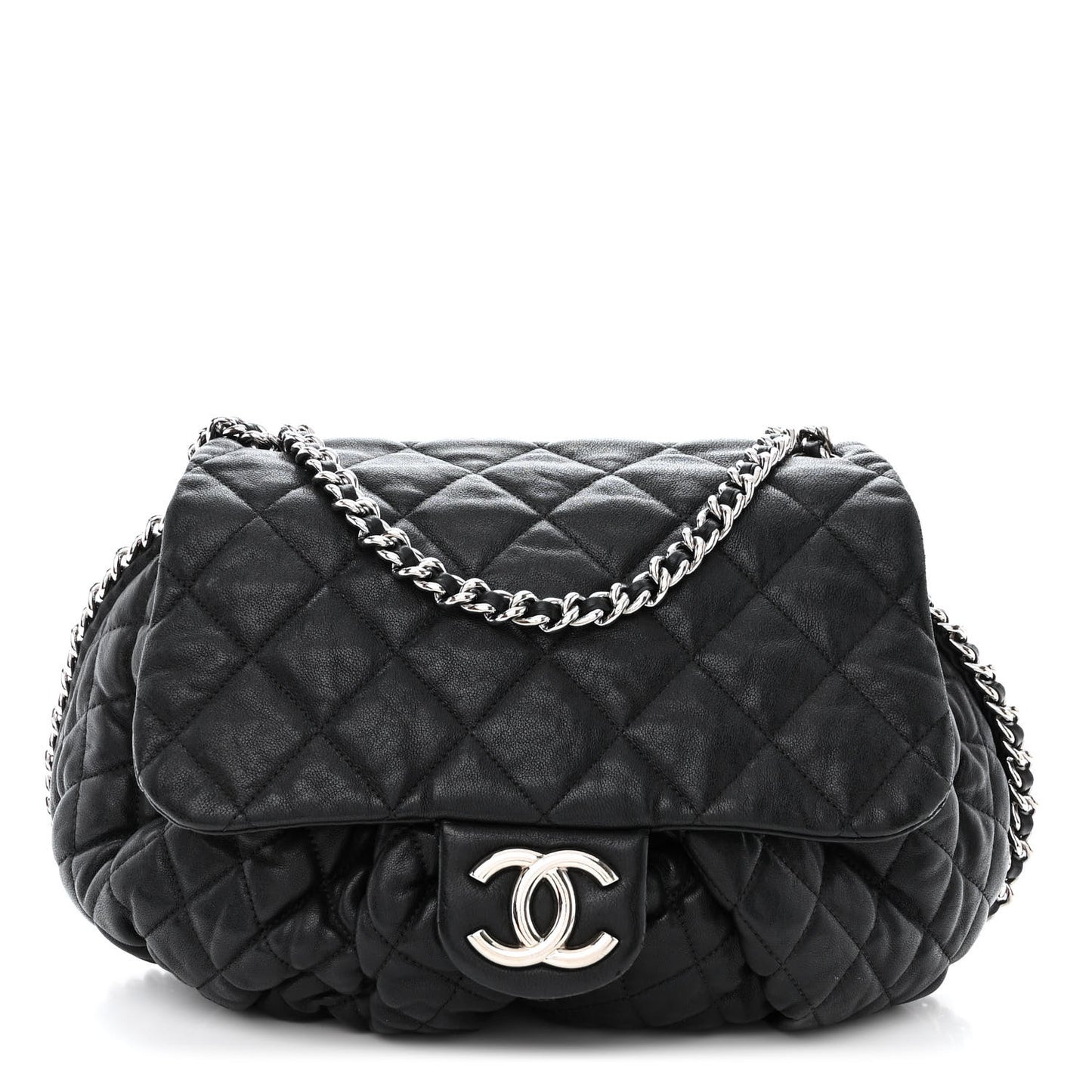Washed Lambskin Quilted Large Chain Around Messenger Black
