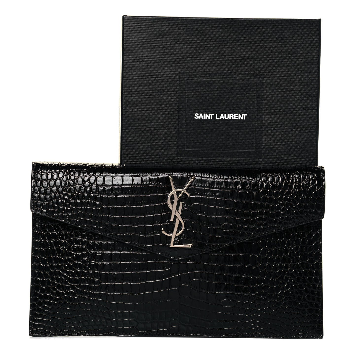 Calfskin Crocodile Embossed Uptown Monogram Clutch Black