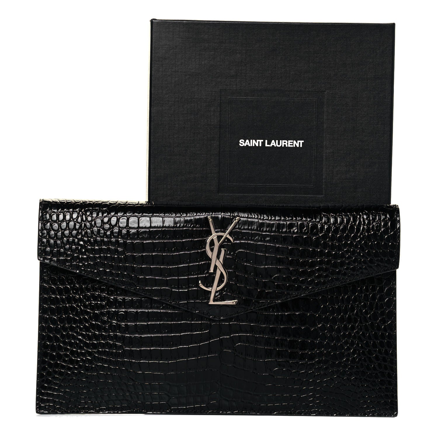 Saint Laurent Calfskin Crocodile Embossed Uptown Monogram Clutch Black 8 of 8