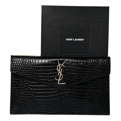 Saint Laurent Calfskin Crocodile Embossed Uptown Monogram Clutch Black 8 of 8
