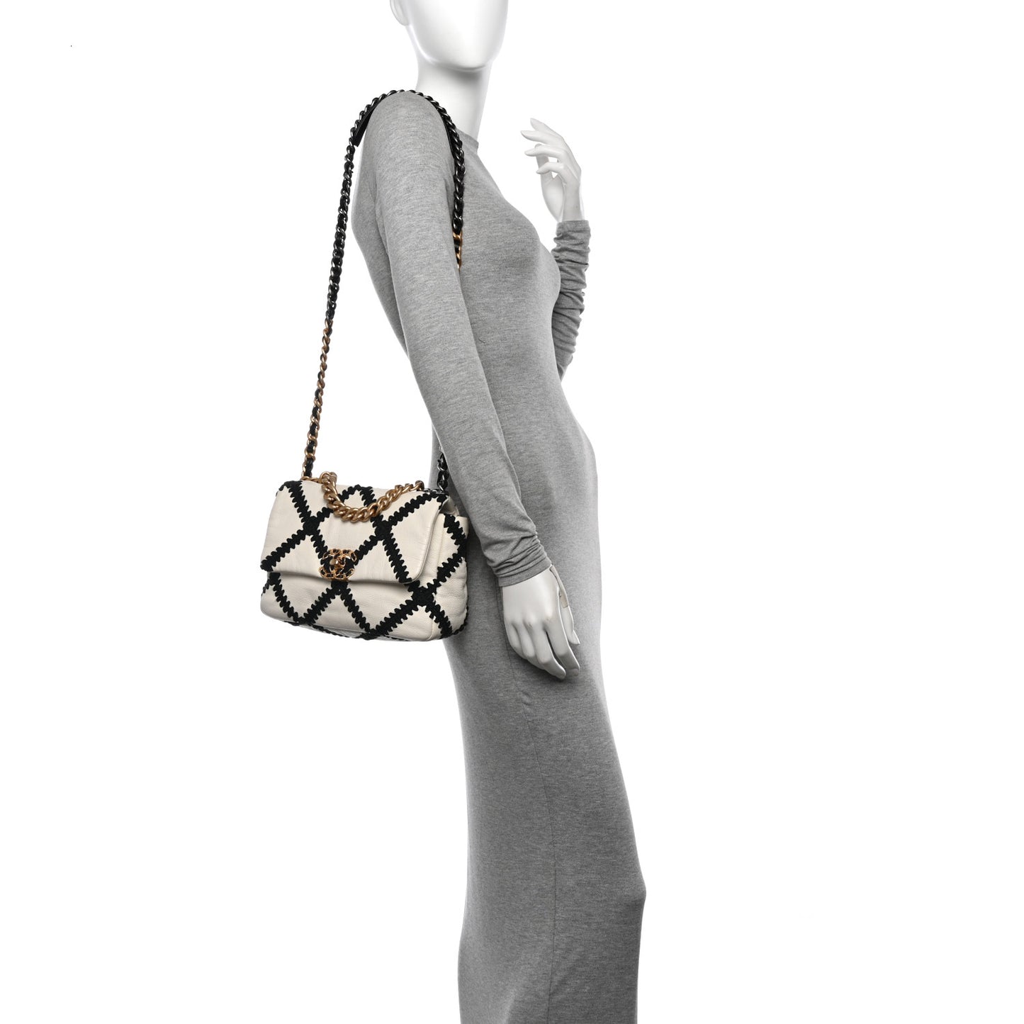 Calfskin Crochet Medium Chanel 19 Flap White Black