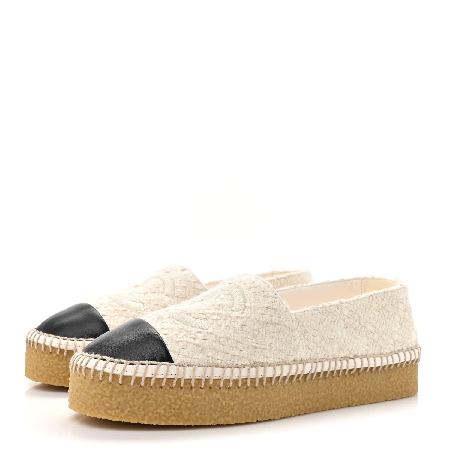 Chanel Cotton Wool Tweed Lambskin CC Platform Espadrilles 37 White Black 4 of 10