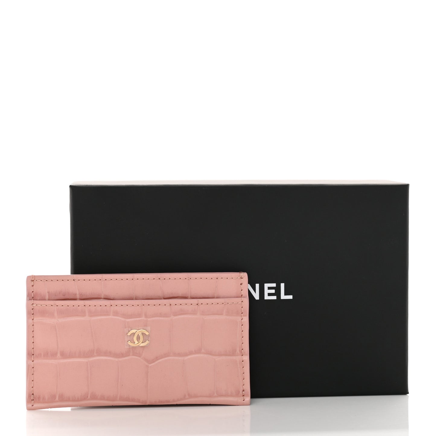 Calfskin Crocodile Embossed Crococo Card Holder Light Pink