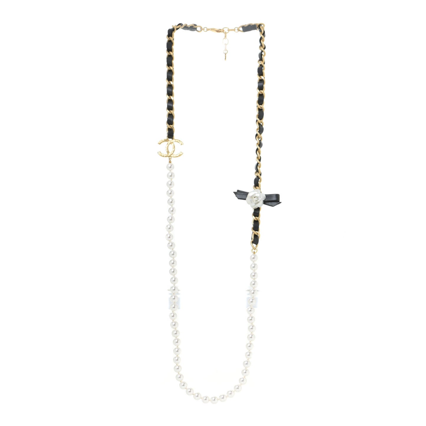 Calfskin Pearl Chain 90's Camellia Long Necklace Black Gold