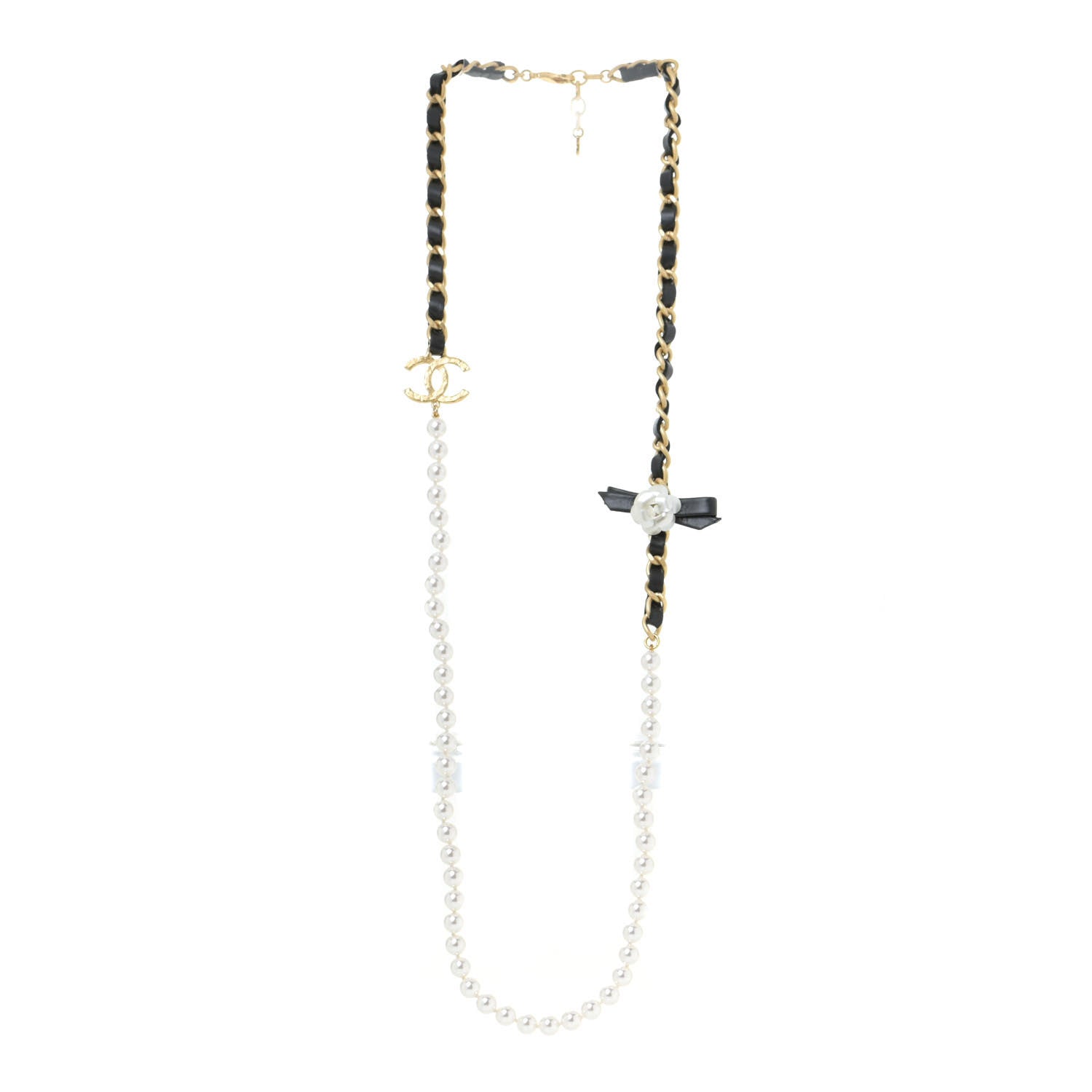 Chanel Calfskin Pearl Chain 90's Camellia Long Necklace Black Gold 3 of 5