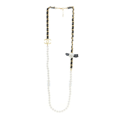 Chanel Calfskin Pearl Chain 90's Camellia Long Necklace Black Gold 3 of 5