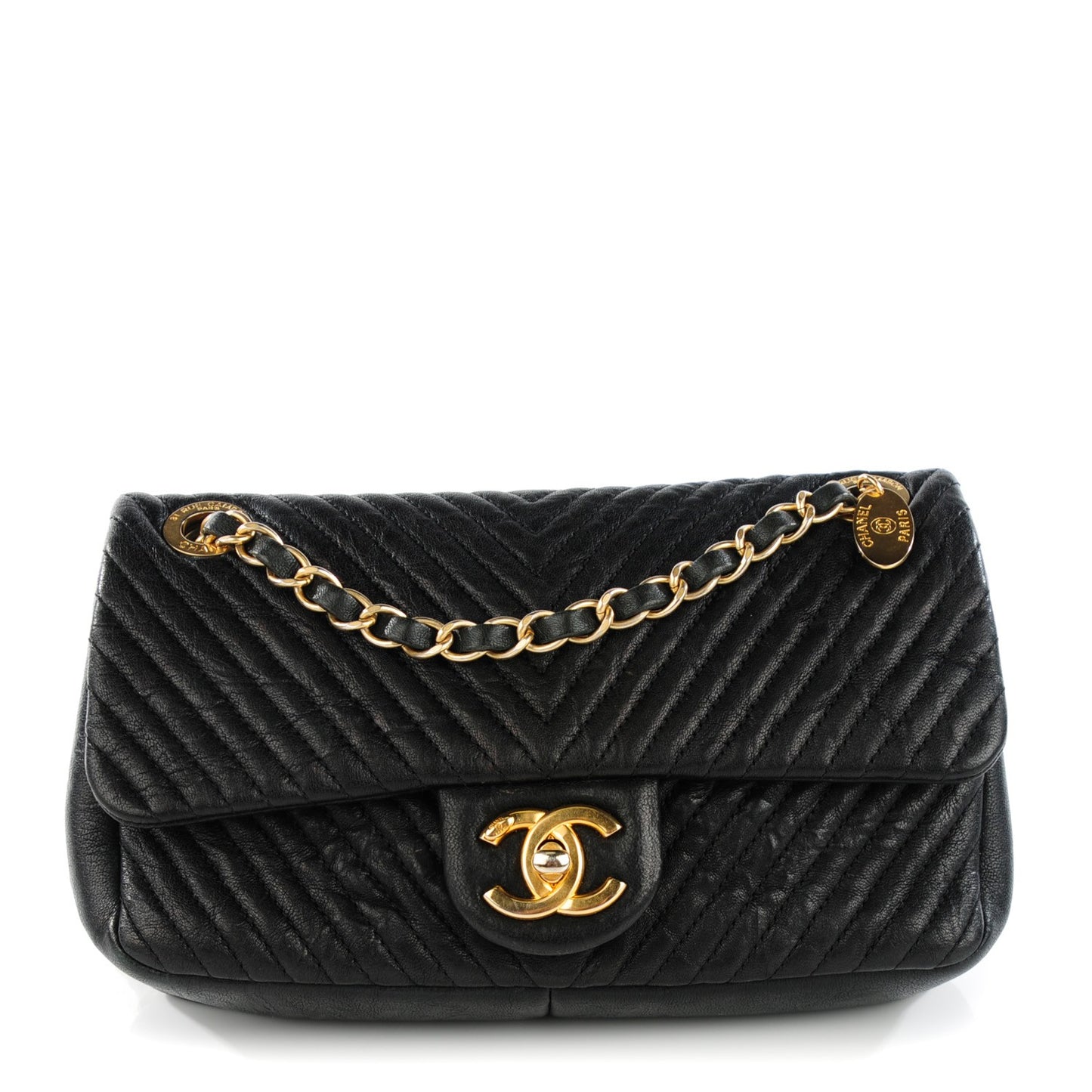 Wrinkled Lambskin Chevron Quilted Small Flap Black