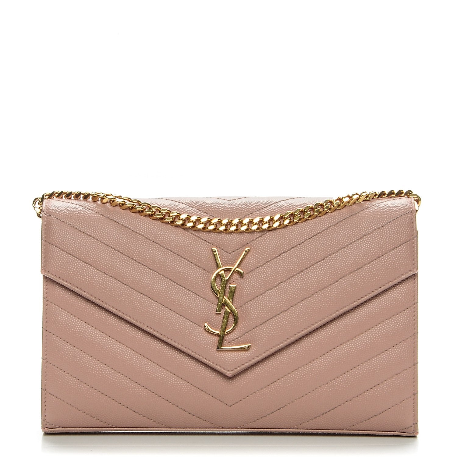 Saint Laurent Grain De Poudre Matelasse Chevron Monogram Chain Wallet Pale Pink 1 of 15