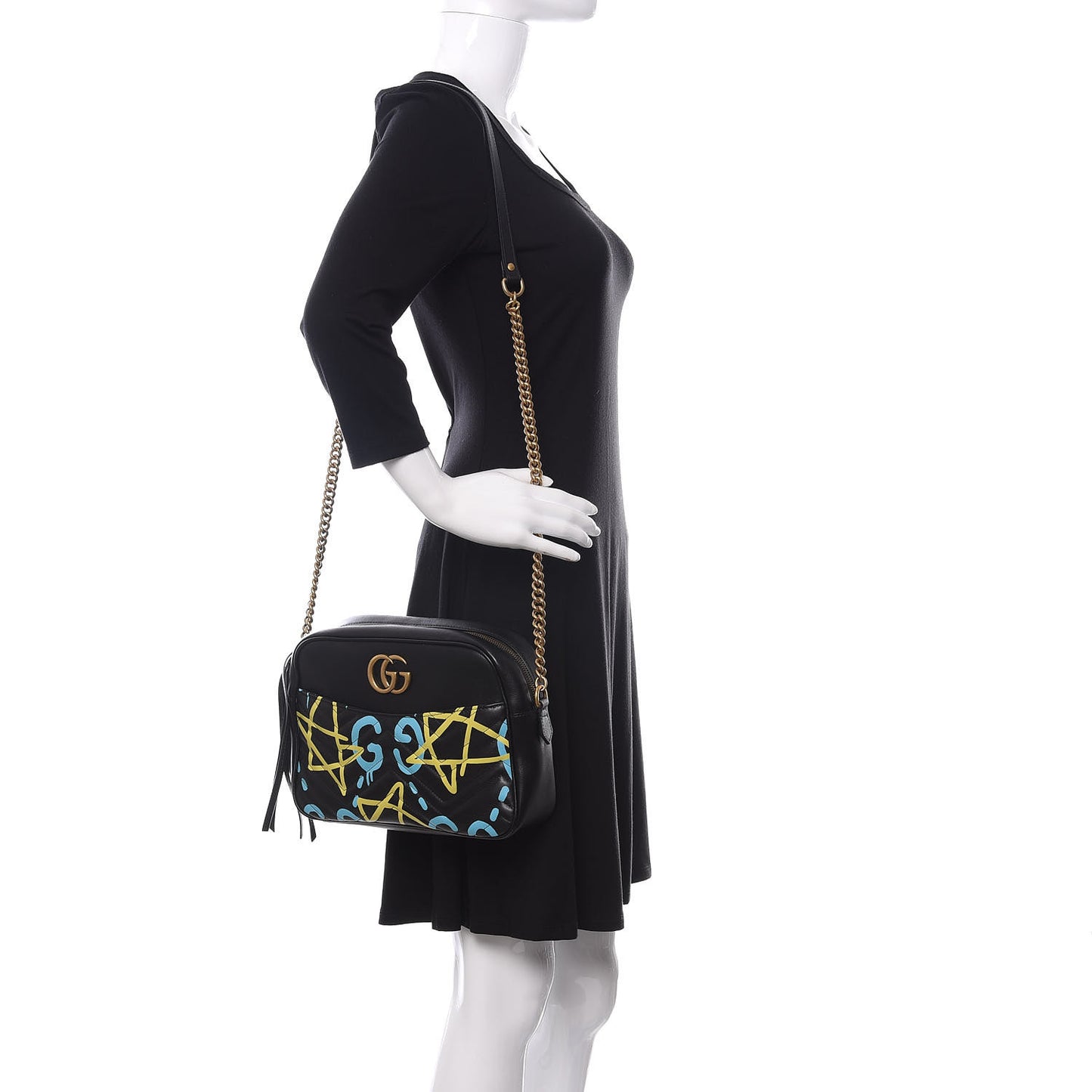 Calfskin Matelasse GucciGhost Medium GG Marmont Chain Shoulder Bag Black New Acquamarine