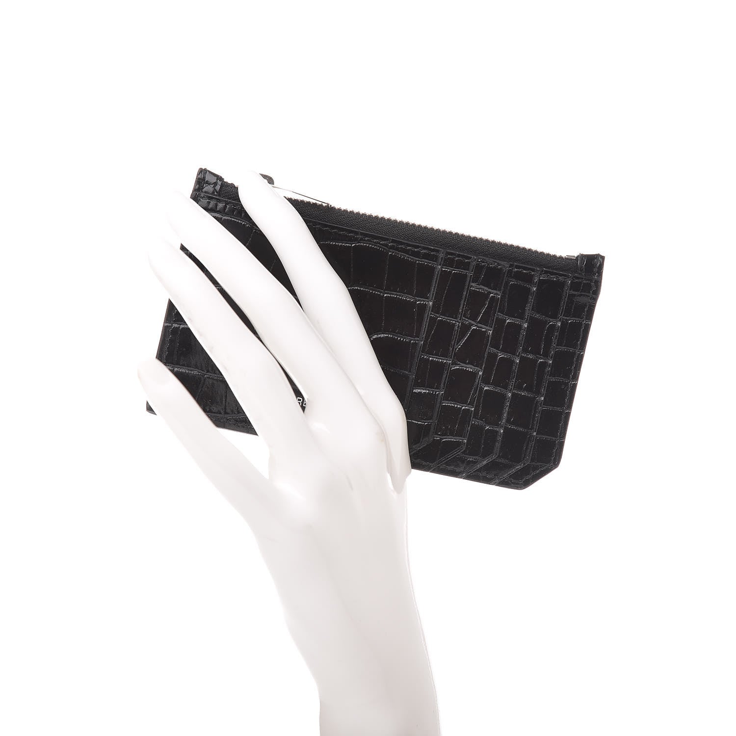 Saint Laurent Calfskin Crocodile Embossed 5 Fragments Zip Pouch Card Holder Black 2 of 7