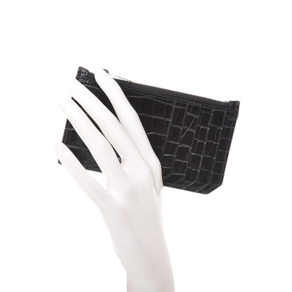 Saint Laurent Calfskin Crocodile Embossed 5 Fragments Zip Pouch Card Holder Black 2 of 7
