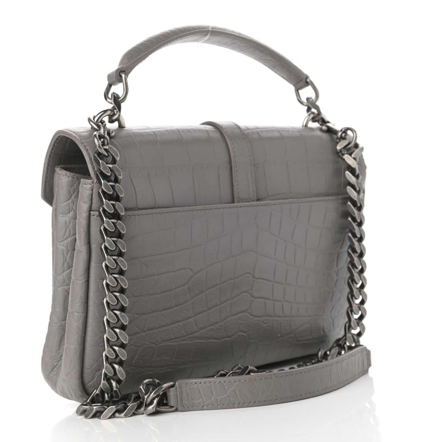 Calfskin Crocodile Embossed Medium College Monogram Satchel Gray