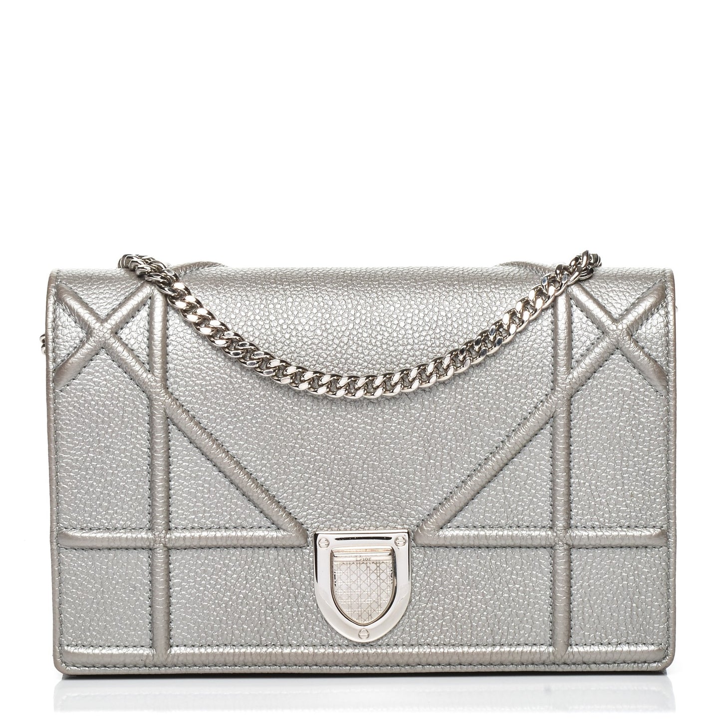 Metallic Grained Calfskin Diorama Wallet on Chain Pouch Silver