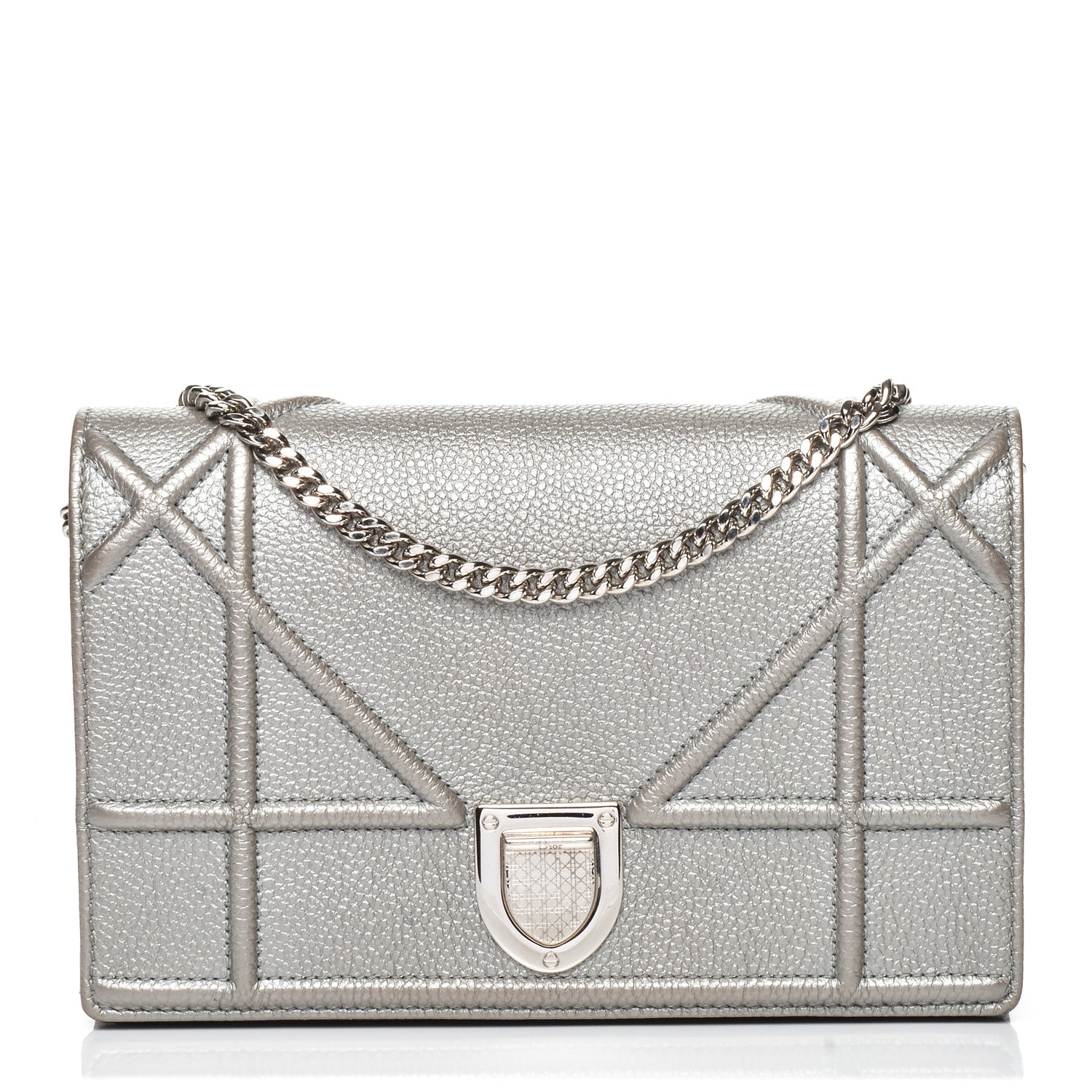 Christian Dior Metallic Grained Calfskin Diorama Wallet on Chain Pouch Silver 1 of 7