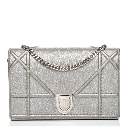 Christian Dior Metallic Grained Calfskin Diorama Wallet on Chain Pouch Silver 1 of 7