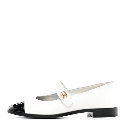 Chanel Calfskin Patent Mary Janes Flats 38.5 White Black 1 of 8