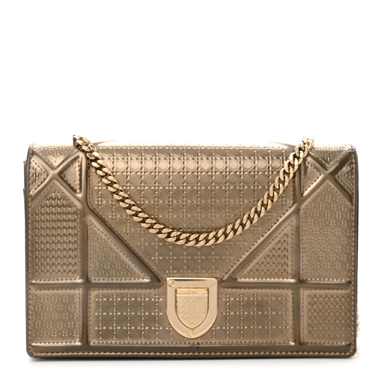 Christian Dior Metallic Patent Micro-Cannage Diorama Wallet on Chain Pouch Gold 1 of 10