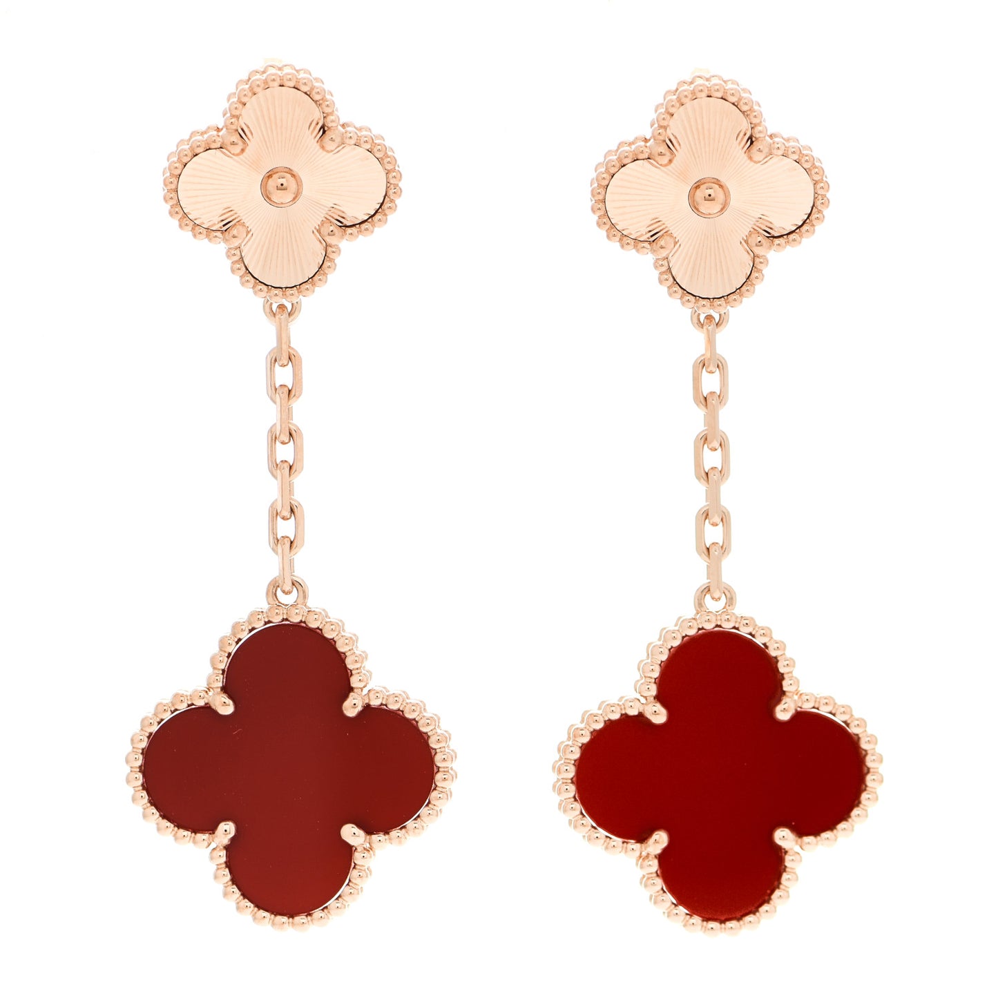 18K Rose Gold Guilloche Carnelian 2 Motifs Magic Alhambra Earrings