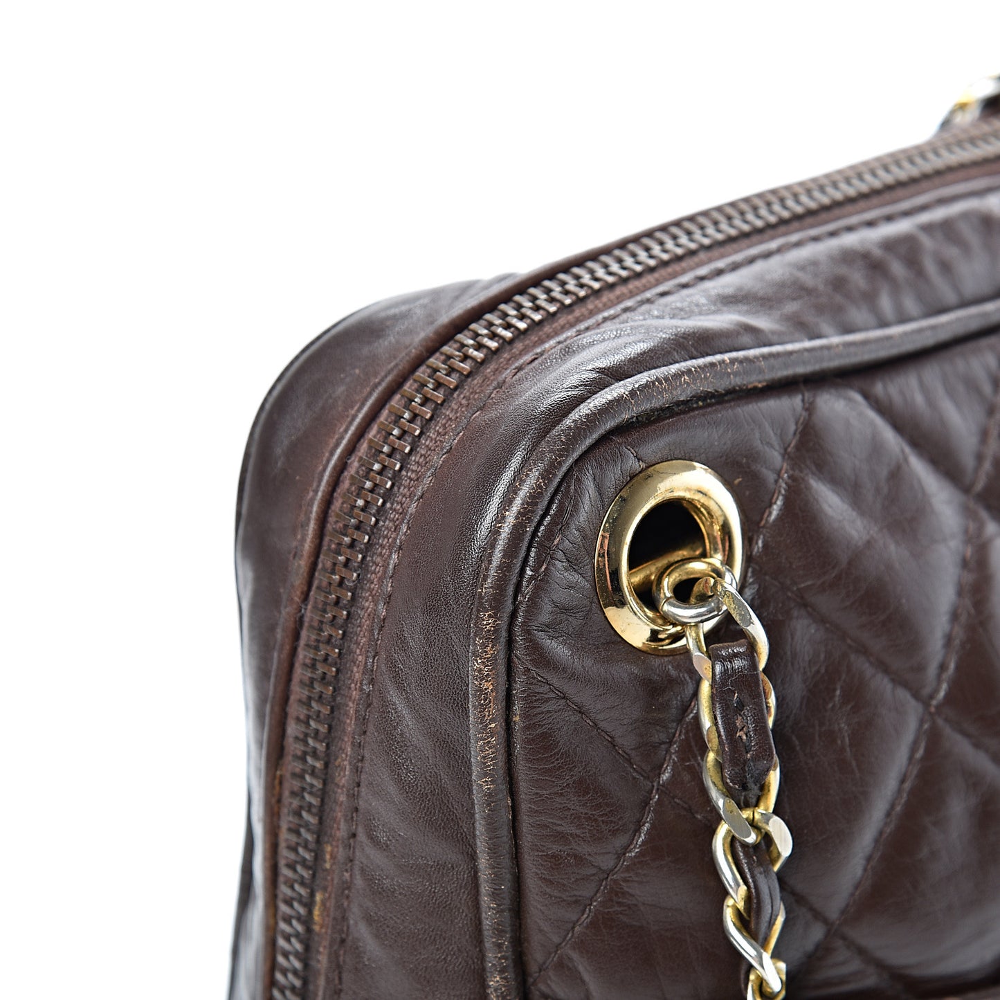 Lambskin Quilted Large Camera Case Brown