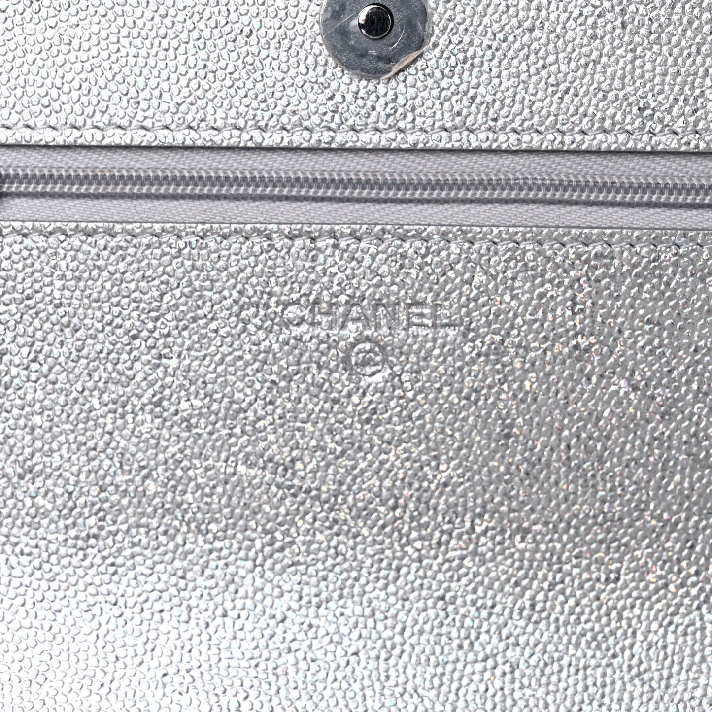 Glittered Metallic Caviar Quilted Wallet On Chain WOC Silver