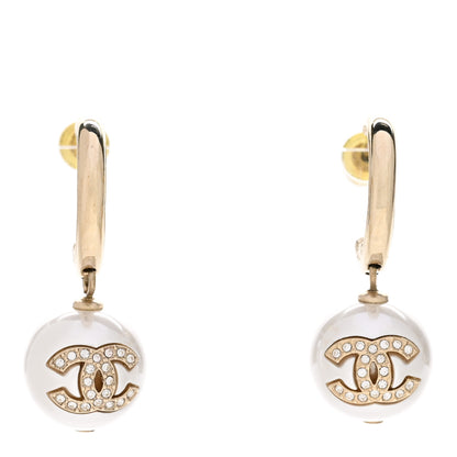 Chanel Pearl Crystal CC Drop Earrings Gold Pearly White 1 of 5