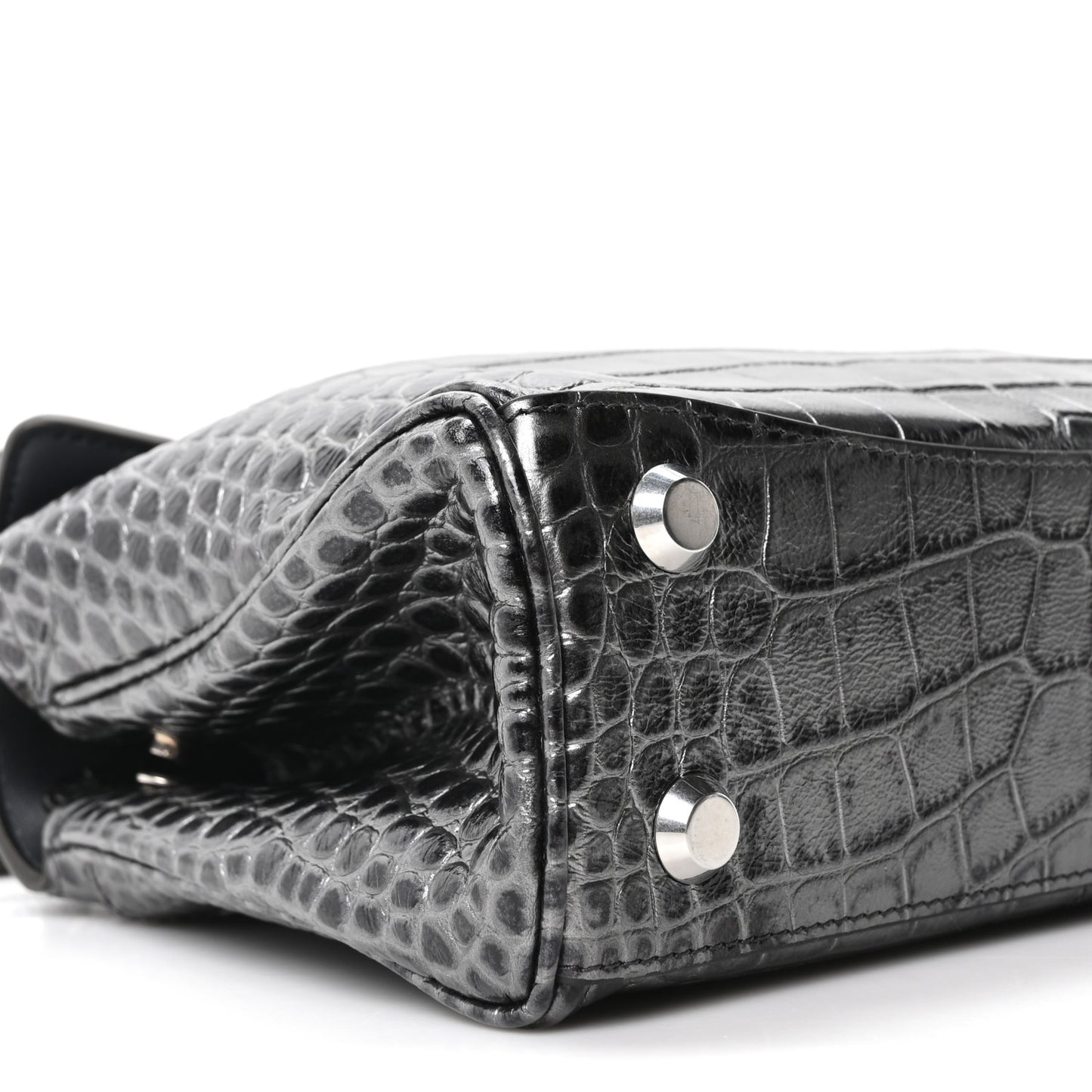 Metallized Calfskin Crocodile Embossed Mini Rodeo Top Handle Handbag Gunmetal