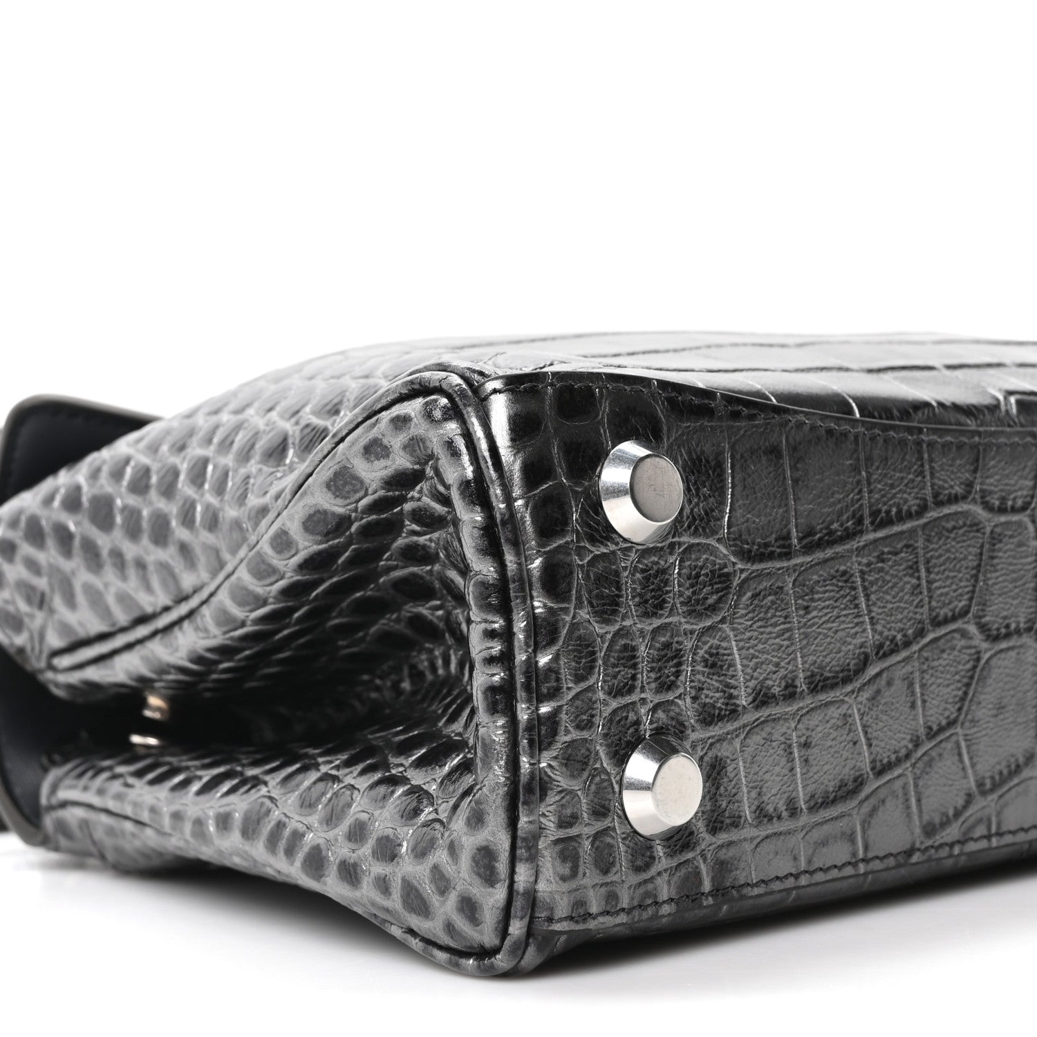 Balenciaga Metallized Calfskin Crocodile Embossed Mini Rodeo Top Handle Handbag Gunmetal 9 of 10