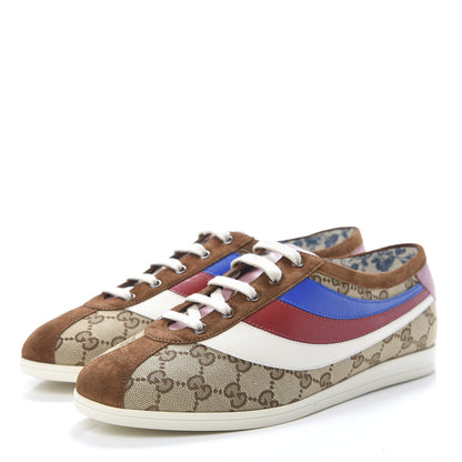 Gucci Suede Monogram Web Womens Falacer Sneakers 42 Nocciola Beige Mystic White Hibiscus Red 3 of 10