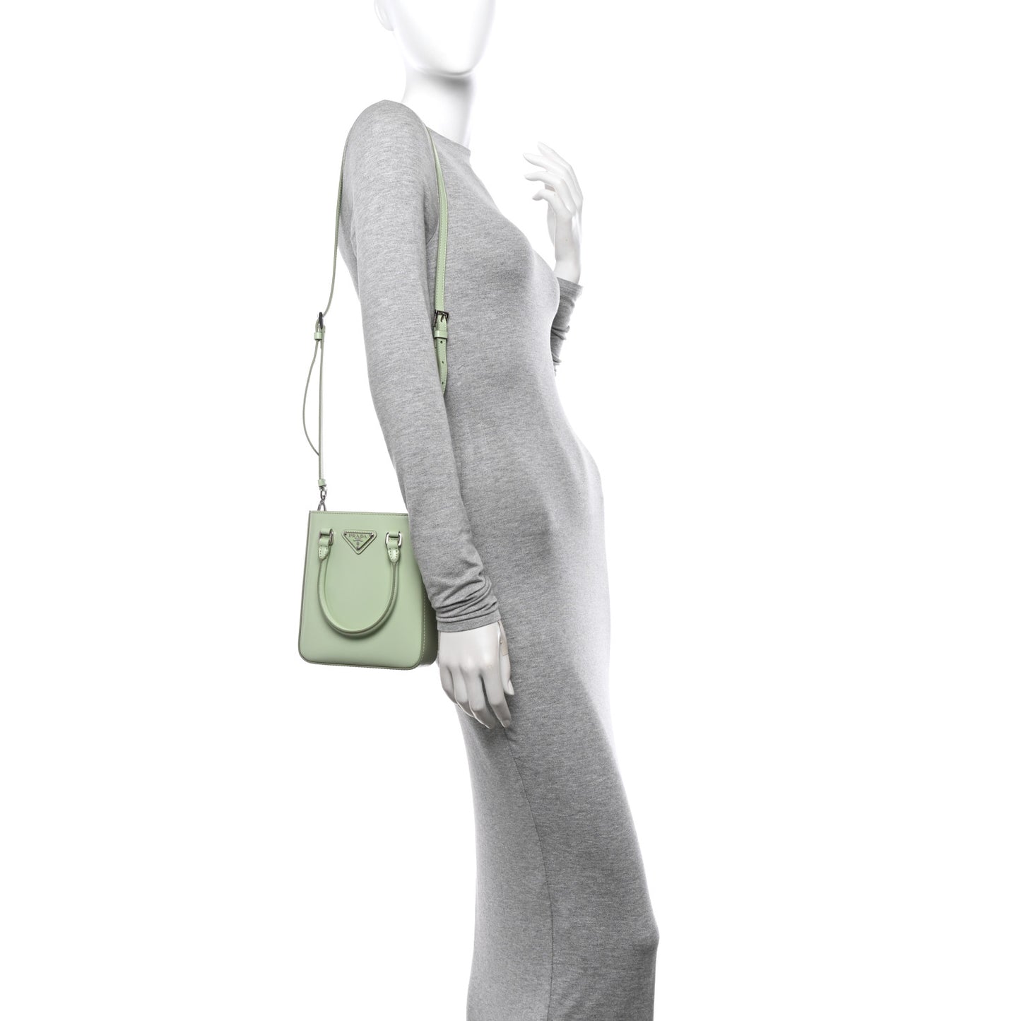 Spazzolato Metal Triangle Logo Small Double Handle Crossbody Tote Acqua