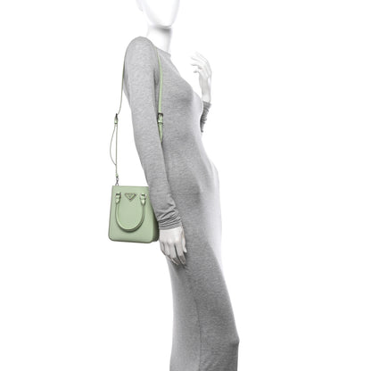 Prada Spazzolato Metal Triangle Logo Small Double Handle Crossbody Tote Acqua 2 of 10