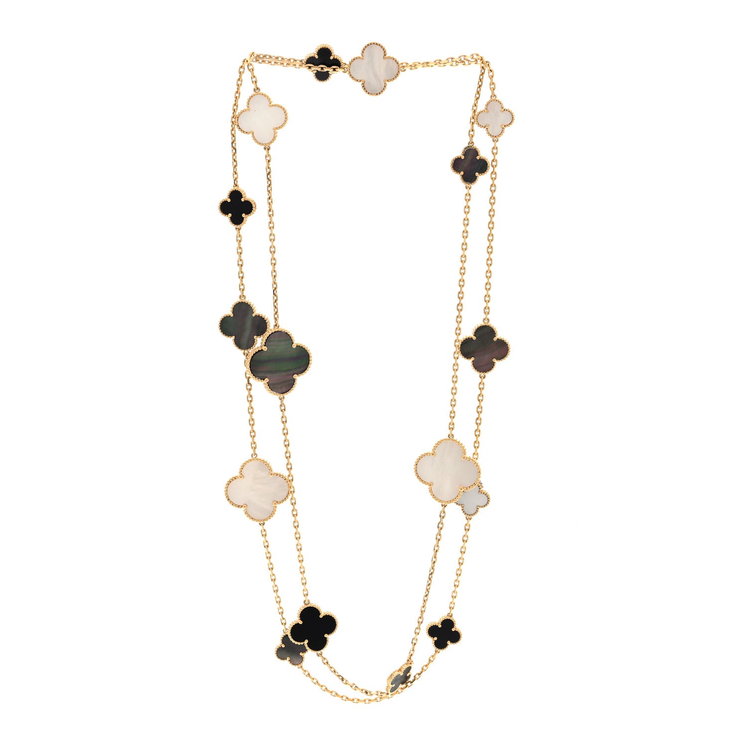 Van Cleef & Arpels 18K Yellow Gold Onyx Mother of Pearl 16 Motifs Magic Alhambra Necklace 3 of 4