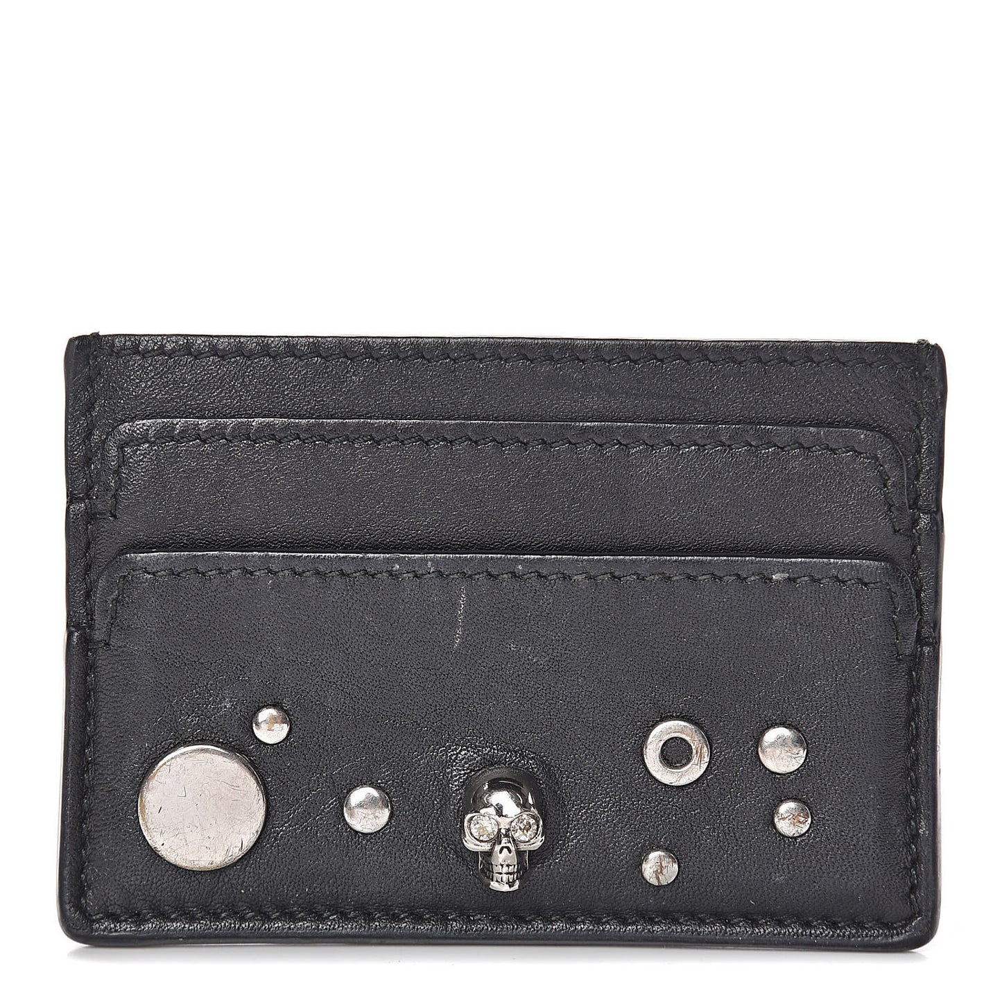 Calfskin Studded Skull Card Holder Black