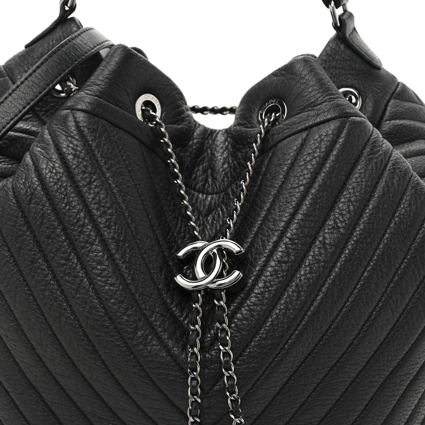 Deerskin Chevron Medium CC Chain Bucket Drawstring Bag Black