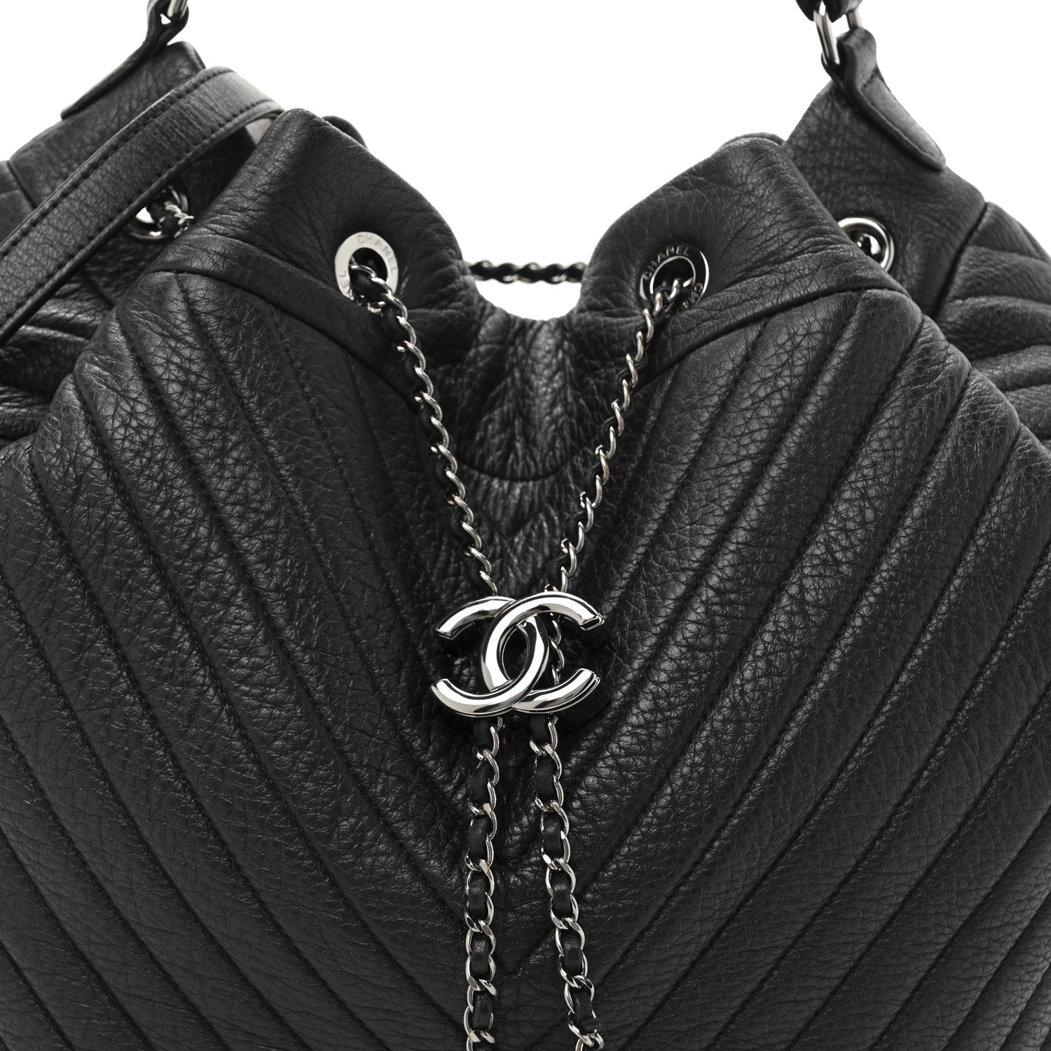 Chanel Deerskin Chevron Medium CC Chain Bucket Drawstring Bag Black 14 of 21