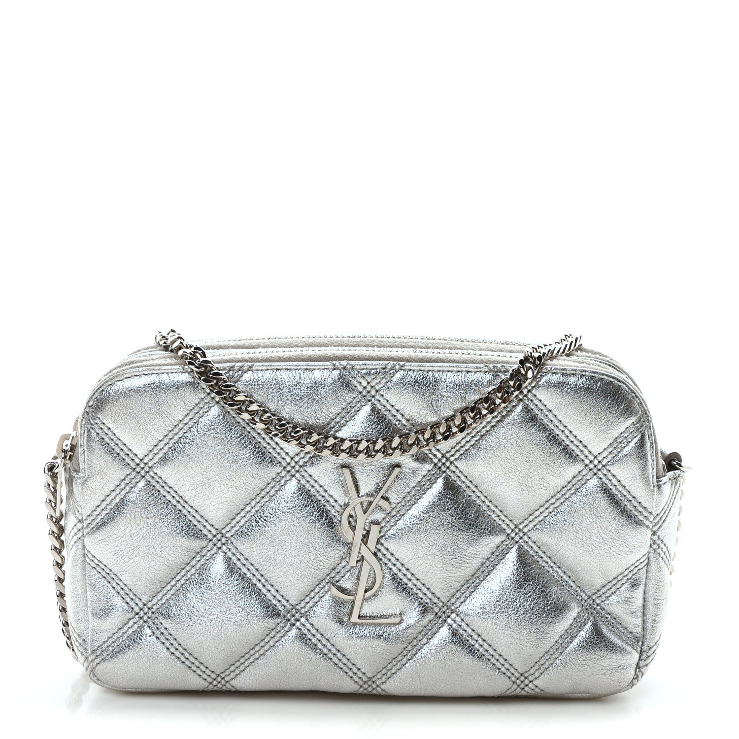 Saint Laurent シルバー メタリック ボディバッグ Saint Laurent Metallic Lambskin Quilted Mini Becky Double Zip Bag