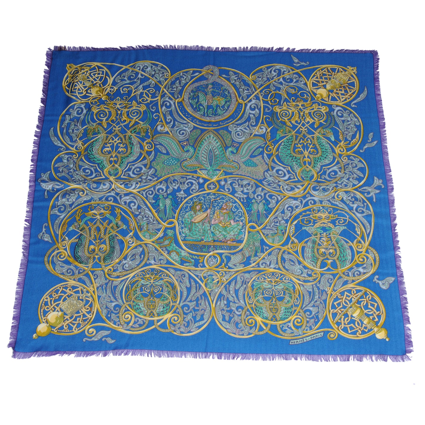 Cashmere Silk La Charmante Aux Animux Fringed Scarf 90