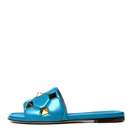 Valentino Garavani Nappa Roman Stud Flat Slide Sandals 37.5 Sky Fall 1 of 7