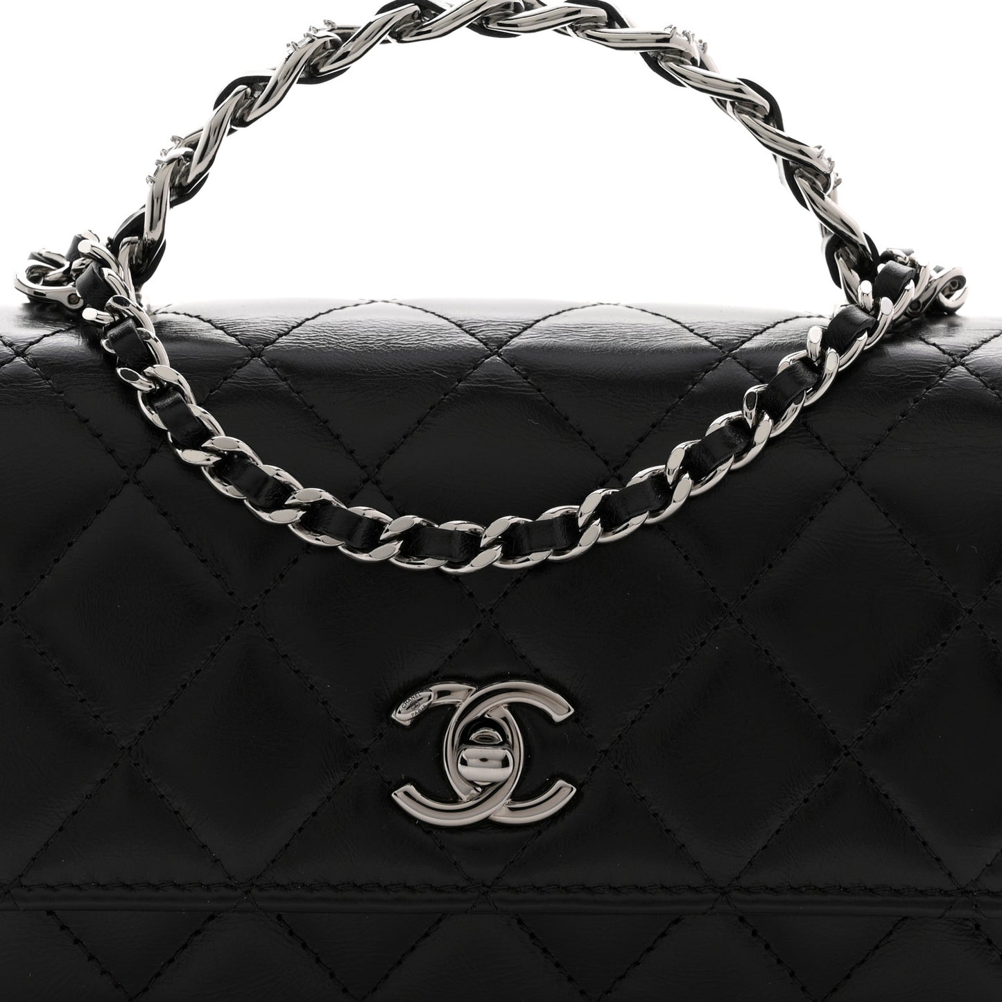 Shiny Crumpled Calfskin Crystal Quilted Precious Handle Clutch With Chain Black