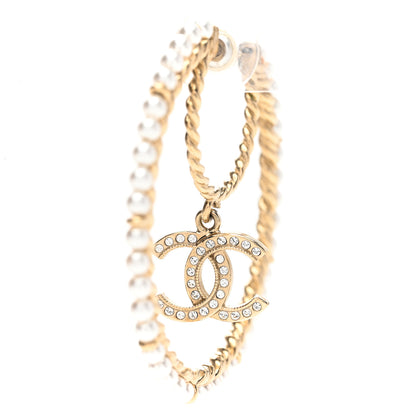 Chanel Crystal Pearl CC Drop Hoop Earrings Gold Pearly White 4 of 4