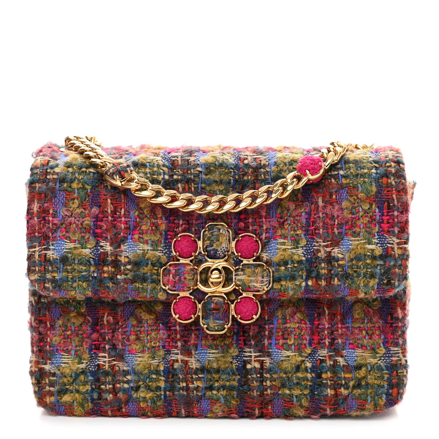 Wool Tweed Quilted Small Flap Khaki Red Pink Blue Green