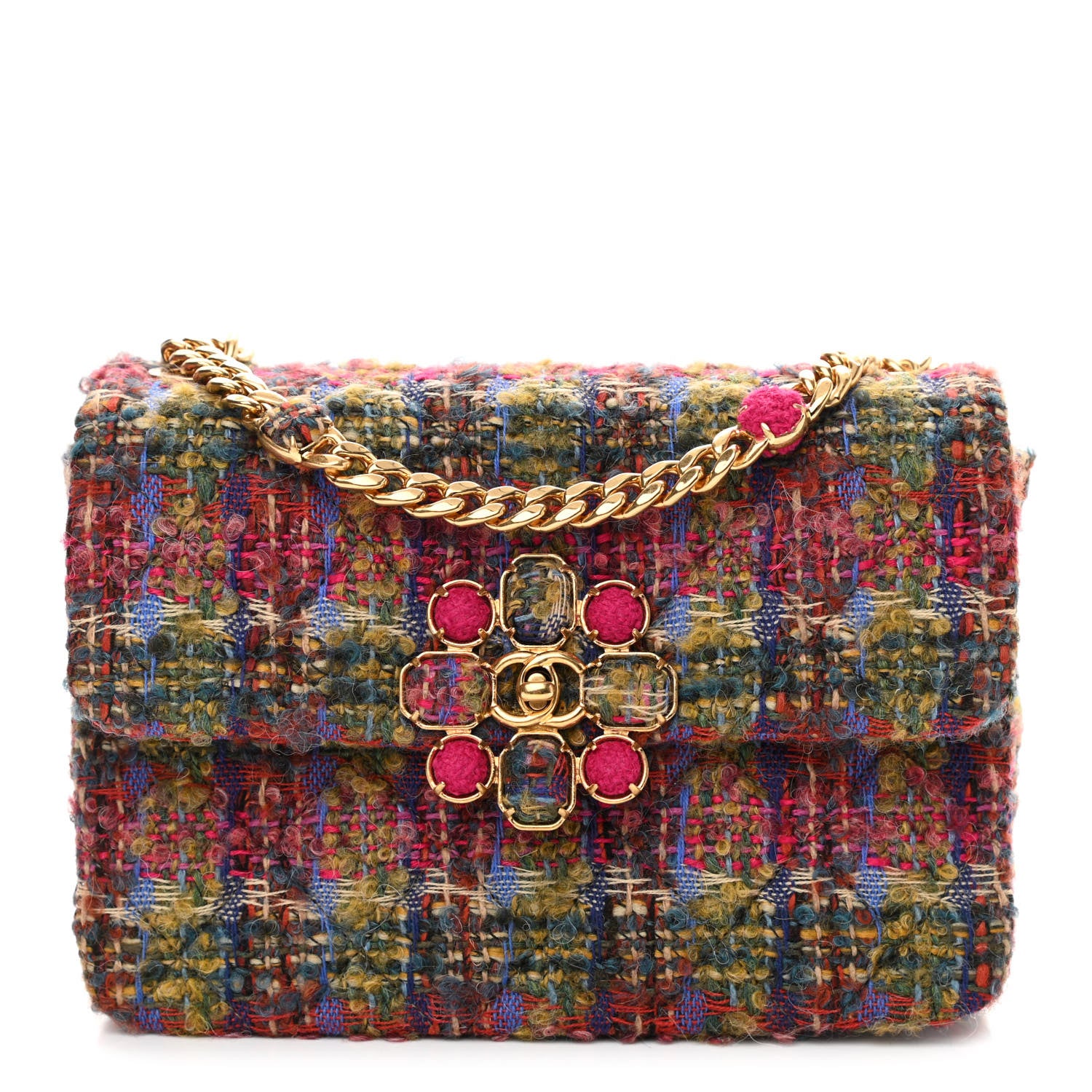 Chanel Wool Tweed Quilted Small Flap Khaki Red Pink Blue Green 1 of 10