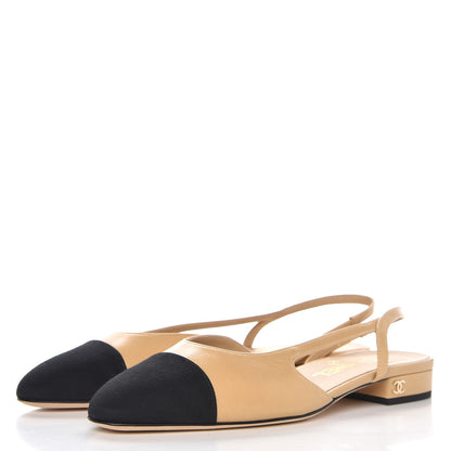 Chanel Lambskin Grosgrain Cap Toe CC Slingback Sandals 36 Beige Black 3 of 8