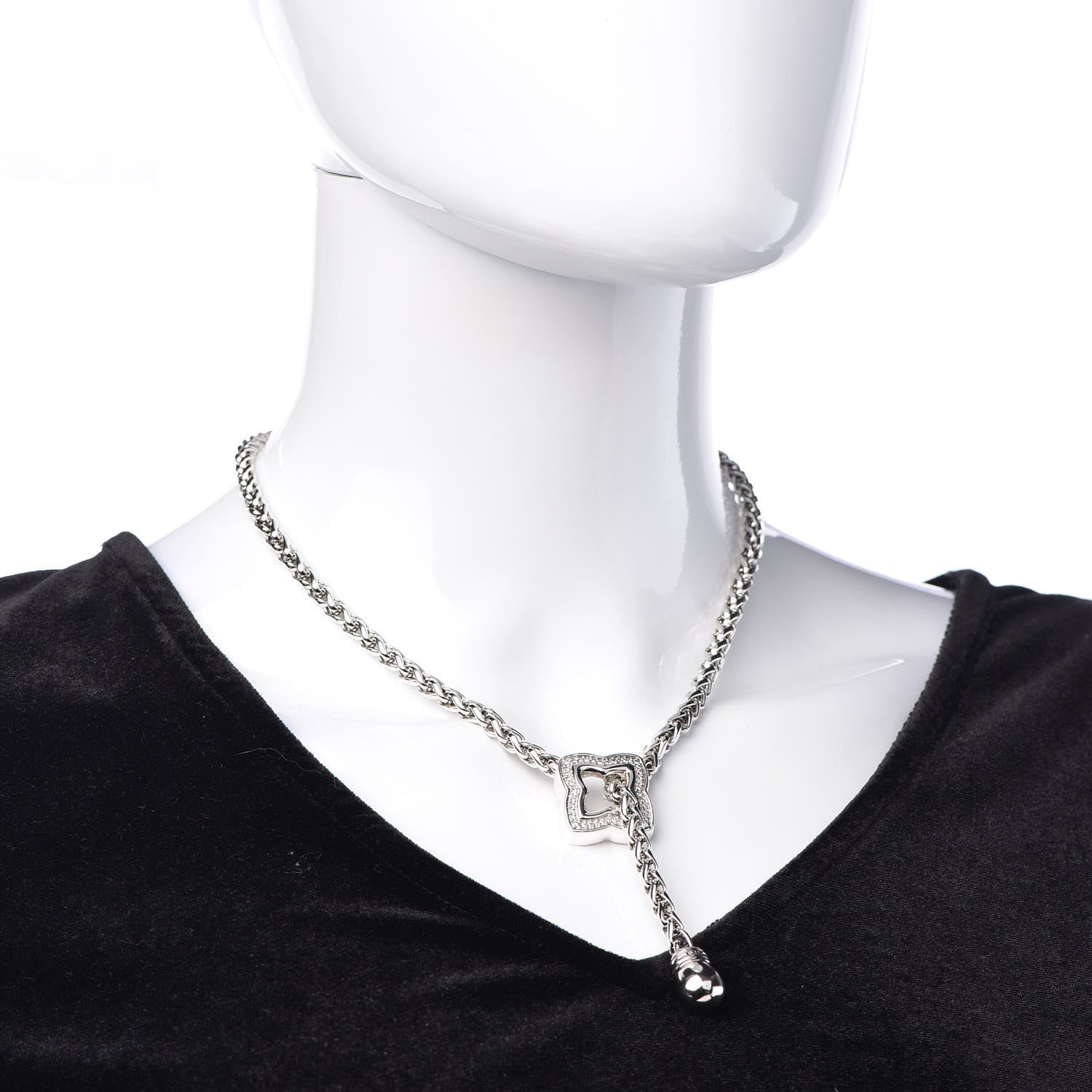 David Yurman Sterling Silver Diamond Quatrefoil Lariat Wheat Chain Necklace 2 of 7