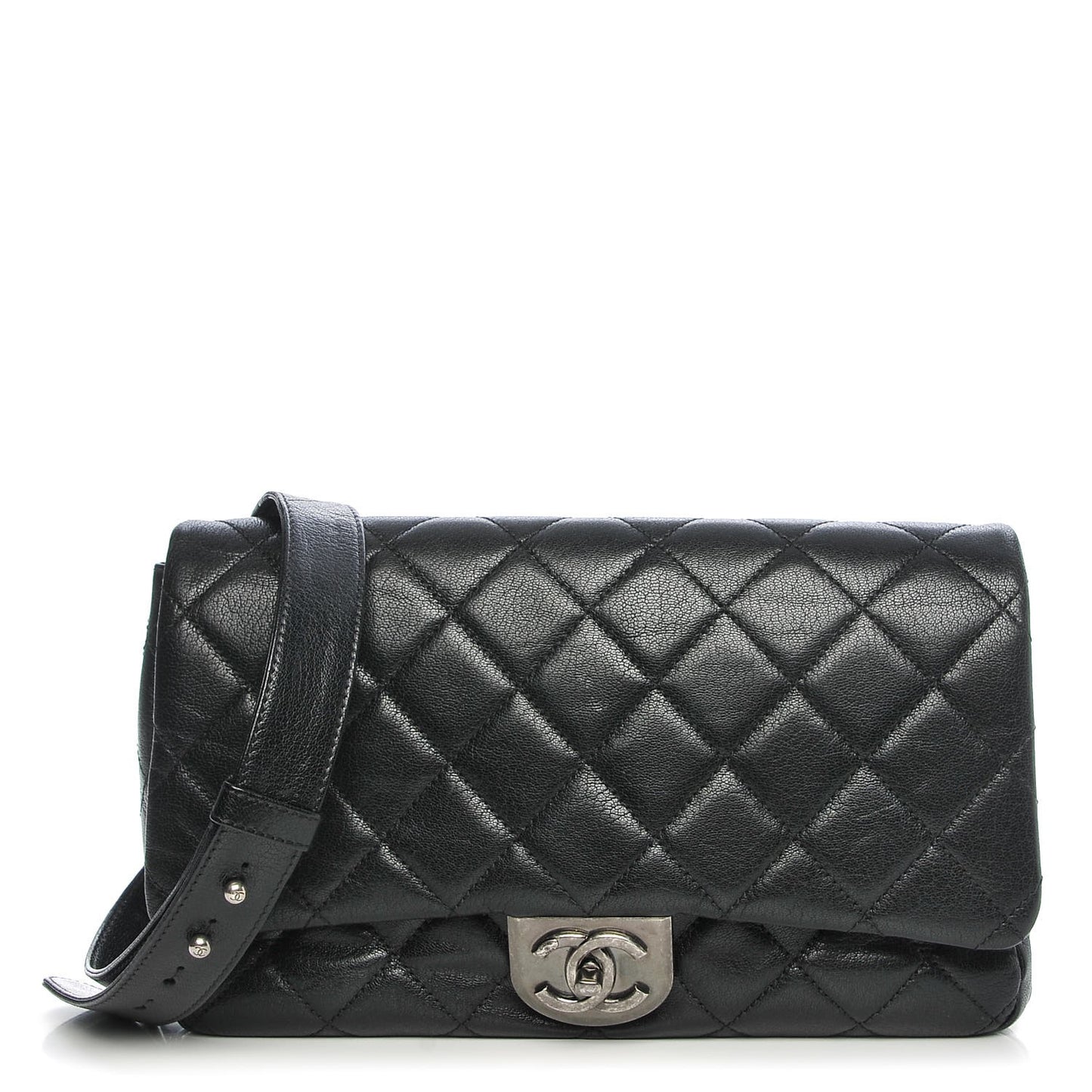 Shiny Goatskin Quilted Large Double Carry Waist Chain Flap Black