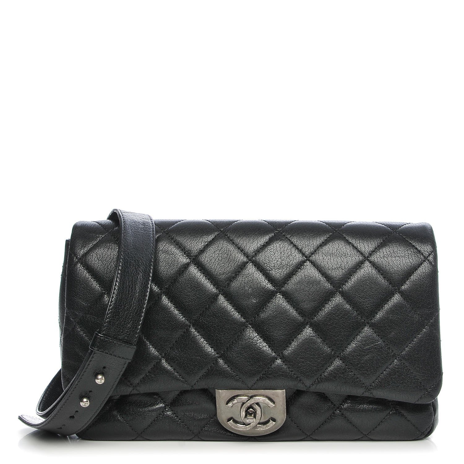 Chanel Shiny Goatskin Quilted Large Double Carry Waist Chain Flap Black 1 of 7