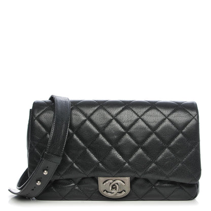 Chanel Shiny Goatskin Quilted Large Double Carry Waist Chain Flap Black 1 of 7