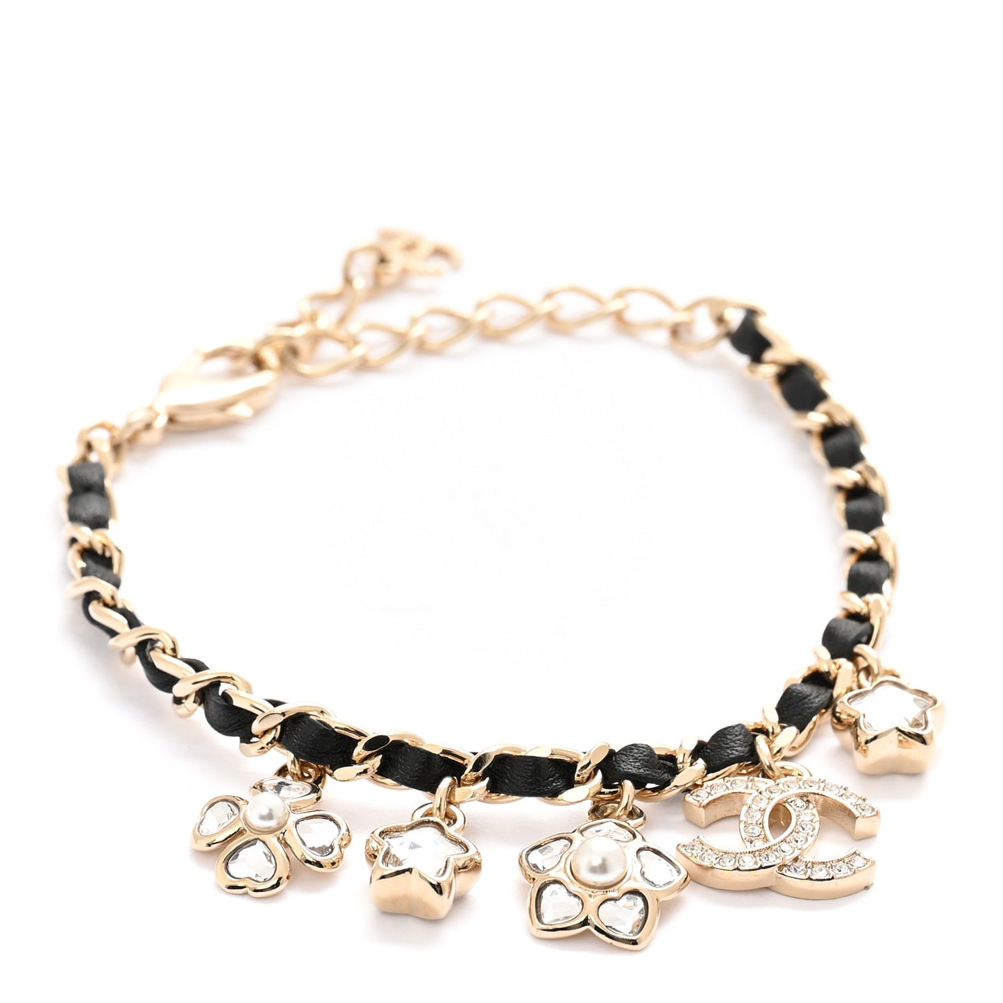 Metal Lambskin Crystal Chain CC Charms Bracelet Gold Black
