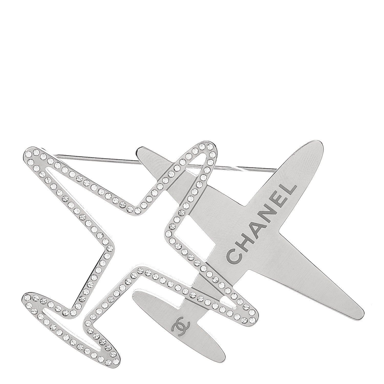 Chanel Crystal Metal CC Airplane Brooch Silver 1 of 4