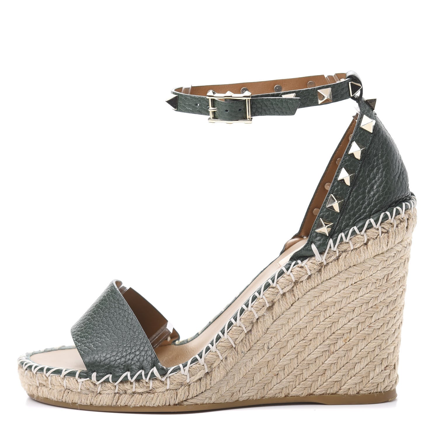 Valentino Garavani Grained Calfskin Rockstud Ankle Strap Espadrille 15/105mm Wedge Sandals 37 Army Green Natural 1 of 7